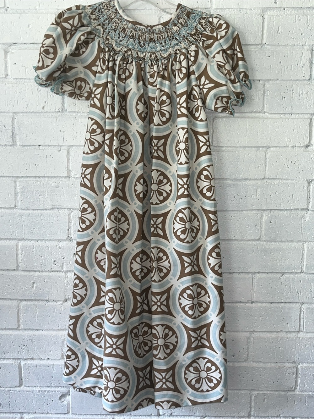 Le’ Za Le Hand Smocked Puff Sleeve 100% Cotton Dres Blue & Brown Geometric Print